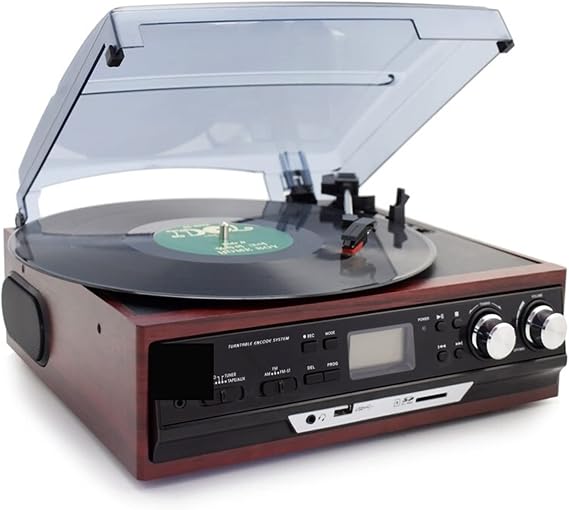 Record Player Stereo Phono Turntable Vinyl LP Record Player AMFM Radio USB/SD Aux Cassette MP3 Recorder Headphone Jack Month Day Gift
