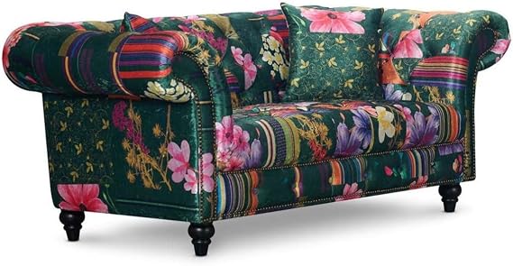 Green Patchwork Fabric 2 Seater Chesterfield Sofa Loveseat, Classic Couch Scroll Arms Buttoned Back, Bold Accent Patterned Floral Settee, 3 and 2 Seater Sofa Sets Available, Living Room Furniture