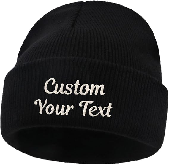 Personalised Beanie Cap Hat for Men Women,Personalised Leather Patch Text,Skull Cap Custom Beanie Hat Embroidery Text Logo,Design Your Own Warm Knitted Hat,Unisex,Gifts