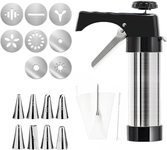 Churro Maker Machine Kit, Churro Gun with 8 Decorative Discs &amp; 8 Piping Tips, Stainless Steel Cookie Press Gun Kit with Piping Bag, Dessert Making Tool Set