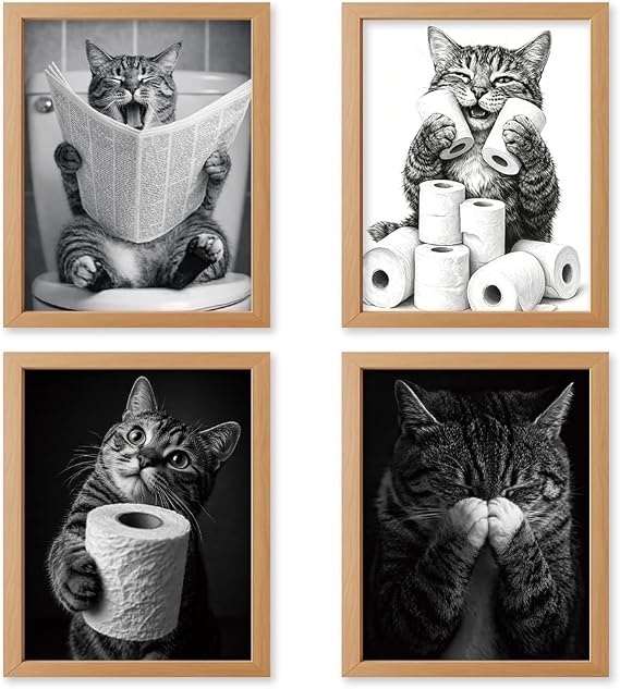 4Pcs 4 Styles Cat Using Toilet Wall Art 8 x 10 Inch, Funny Cat Bathroom Posters Cute Animal on Toilet Reading Newspaper Wall Prints for Washroom Restroom Bath Room Home Decoration Unframed