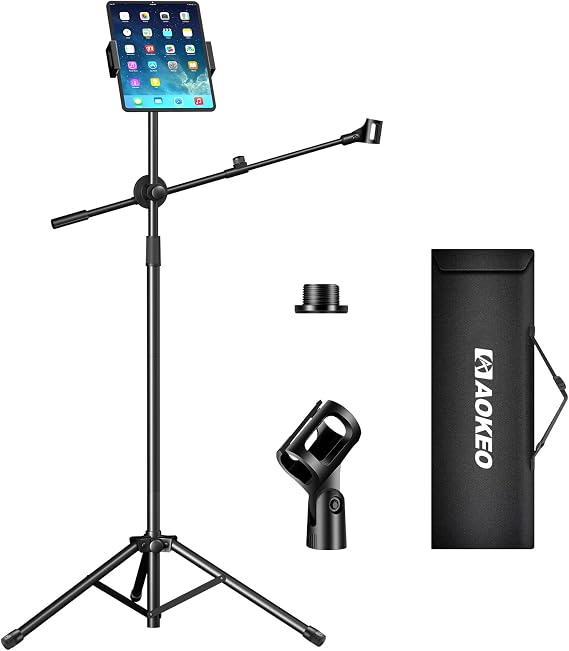 Microphone Stand,Aokeo Mic Stand Floor with Adjustable Tripod,Carrying Bag,Tablet Holder,Suitable for Any Microphone, Performance,Singing, Speech