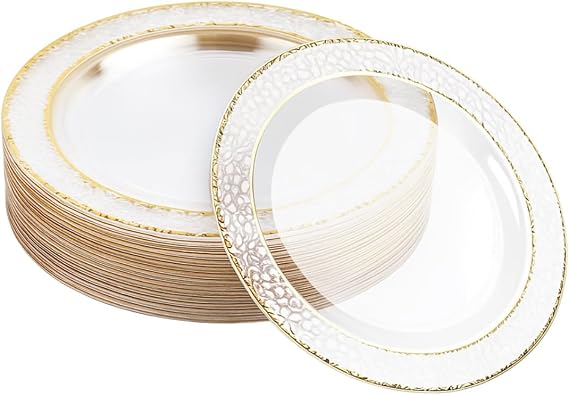 MATANA 20 Clear Hard Plastic Plates with Gold Rim, 26 cm - Elegant, Sturdy and Reusable - Weddings, Birthdays, Christenings, Barbecues, Christmas, Parties