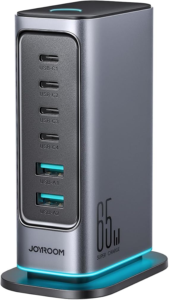 Joyroom 65W GaN Çok Portlu Şarj İstasyonu, 4 USB-A Portu, 2 USB-C Portu, 1,5 m Kablo