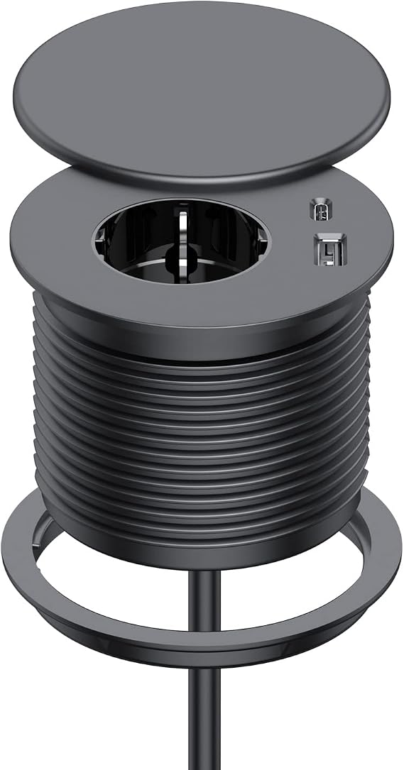 Built-in Socket with Lid 2 USB Schuko Diameter 80 mm Black