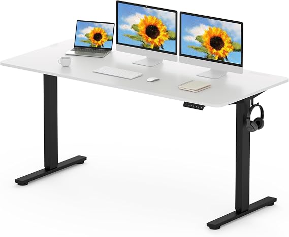 FLEXISPOT 160 x 80cm Electric Standing Desk ONE PIECE Height Adjustable Desk Sit Stand Desk with 4 Memory Smart Panel and Backpack Hook for Home Office, (Black Frame+White Desktop)