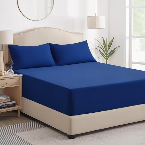 Double Fitted Sheet Deep - Royal Blue Bed Sheet Extra Deep Pocket 16 inch (40 cm), Soft Brushed Microfiber Mattress Bottom Bedding Sheet, 135x190cm