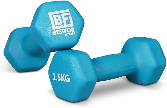 Bestfor Pair of 1.5kg Hex Anti Roll Non Slip Neoprene Dumbbell Weights For Exercise, Fitness, Workouts, Lifting with Exercise Chart