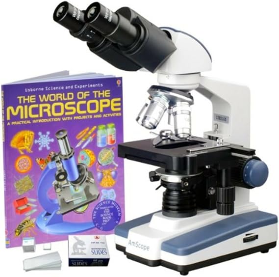AmScope B120B-WM-BS Siedentopf Binocular Compound Microscope 40x to 2000x High Brightness LED Lighting Abbe Condenser Double Layer Machine Stage with Book and Blank Slide