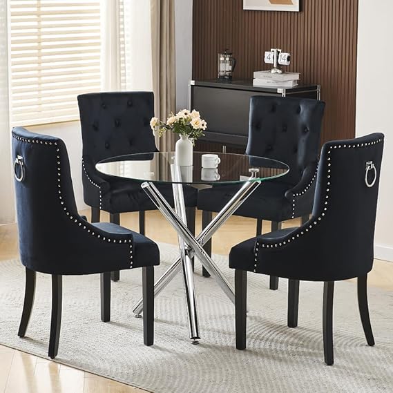 Modern Round Glass Dining Table and Chairs Set 4, 5 Piece Round Dining Room Table Set, Glass Table with Knocker Dining Chairs Space Saving (5Pcs:Table+4 Black Knocker Chair)