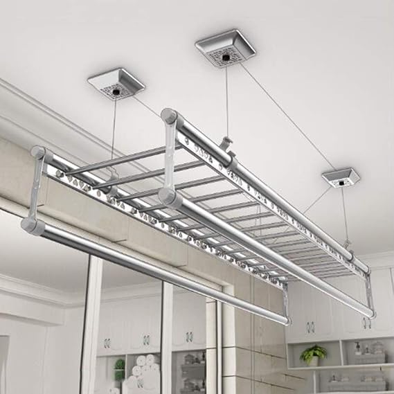 Ceiling Dryer Drying Rack 150cm - 4-Bar Household Airer Clothesline Pulley Aluminum Alloy For Laundry Clothes - Balcony Space-Saving Solution(Color:Silver Color)