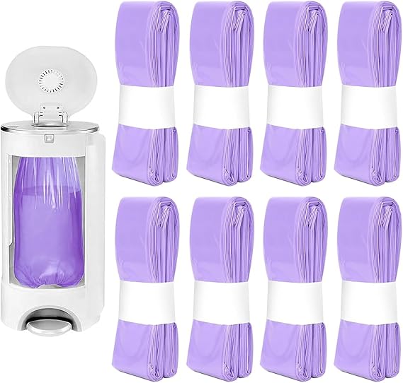 Nappy Bin Refill Bags Set - 8 Pack 4.5m Compatible with Tommee Tippee, Angelcare, Genie, Munchkin Diaper Pail – Hold 270-300 Nappies | Easy Disposal | Strong | Scented (Purple)