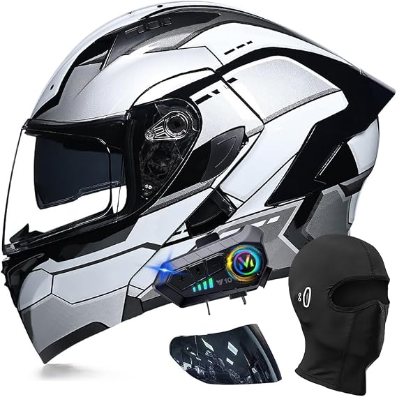 Bluetooth Modular Motorbike Helmet, Full Face Flip Up Motorcycle Double Visor Helmet, DOT/ECE Approved, with Dual Speaker and Microphone, for Adults Men Women M~XXL