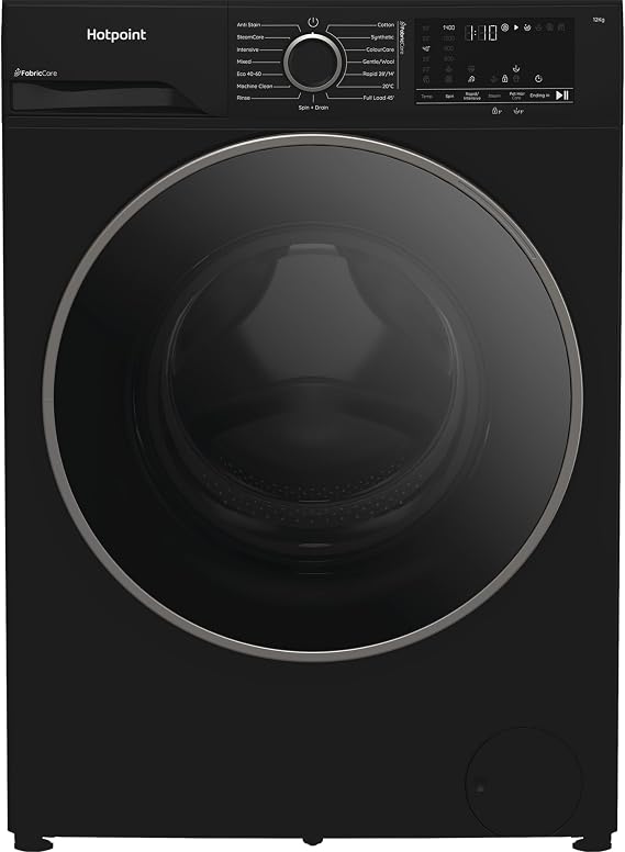 Hotpoint Front Loading Washing Machine, 12 kg, 1400 RPM, LED Display, SteamCare, Anti-Stain, Digital Inverter Motor, 84.5x60x63 cm (Black)
