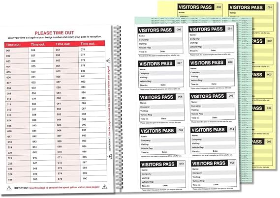 V Safety Professional Visitor Book Refill with 100 Badge Inserts (90 x 60mm) - GDPR Compliant Sign-in System for Reception Areas - 10 Passes per Page with Health & Safety Information