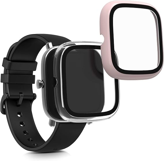 kwmobile Case Compatible with Huami Amazfit GTS 2 Mini Case – 2 x Full Tempered Glass Screen Protector – Ultra Thin and Anti-Shock – Vintage Pink/Transparent