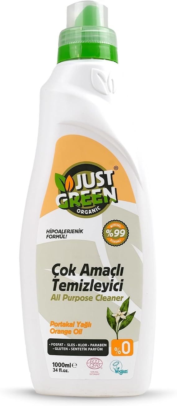 Just Green Organic Doğal Çok Amaçlı Temizleyici Sprey, Bebek ve Evcil Hayvan Alanlarına Özel Hipoalerjenik Genel Yüzey Temizleme Sıvısı, 1000 ml