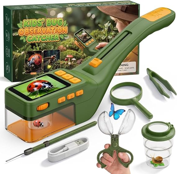 Temodu Insect Trap with Microscope, Screen 2.4 Inch – Children's Explorer, Microscope Kit, 500X, Photos and Videos, Outdoor Toy and Ideal Gift for Children from 3 Years Old (Dark Green)