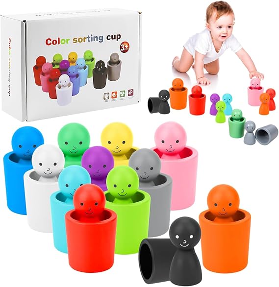Colour Sorting Toys for Toddlers, 12 PCS Wooden Colored Peg Dolls in Cups, Preschool Color Matching Toy, Color Recognition Playset for Toddlers to Cultivate Cognitive Abilities