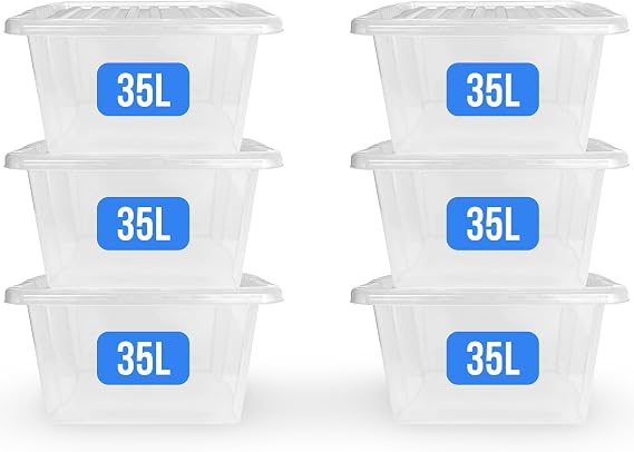 Storage Boxes with Lids – 35L (6 Pack) Medium Clear Plastic Boxes with Lids | Sturdy, Stackable & Transparent Plastic Containers for Home, Garage & Craft Supplies | Durable Storage Solution | 35 Litre