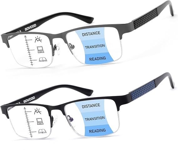 2 Pack Mens Quality Progressive Multifocus Reading Glasses Blue Light Blocking Man Spring Hinge Multifocal Readers Half Frame Metal Eyeglasses