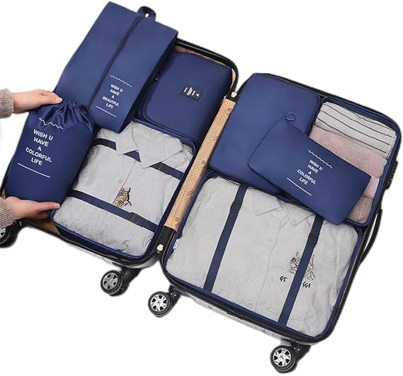 8pcs Packing Cubes Set, Travel Luggage Organizer Storage Bags Suitcase Packing Cases Including Updated Toiletry Bag, Laundry Bag & Shoes Bag (Navy Blue), M