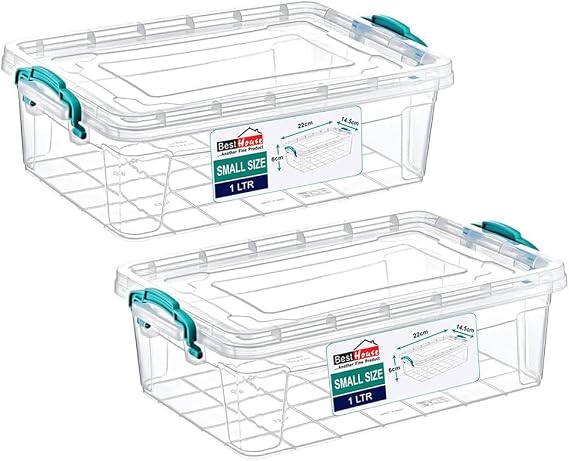Best House | Small Plastic Storage Box with Clips & Lids | Size 1L (L:21.6cm W:14.6cm H:6cm)| Set of 2 | Flat Shape |Stackable Clear Multipurpose Home Office Kitchen Tools Crafts Bits N Pcs-1 Litres