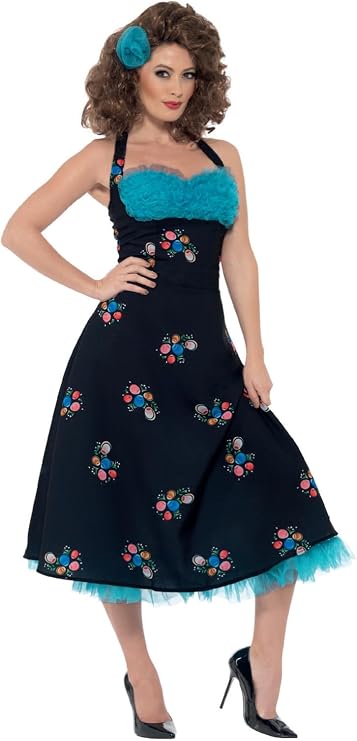Smiffys Grease Cha Cha DiGregorio Costume in Black for Adults, Halterneck Dress and Hair Clip, Officially Licensed, Perfect for Matching Fancy Dress Events with Iconic Ruffle Detail