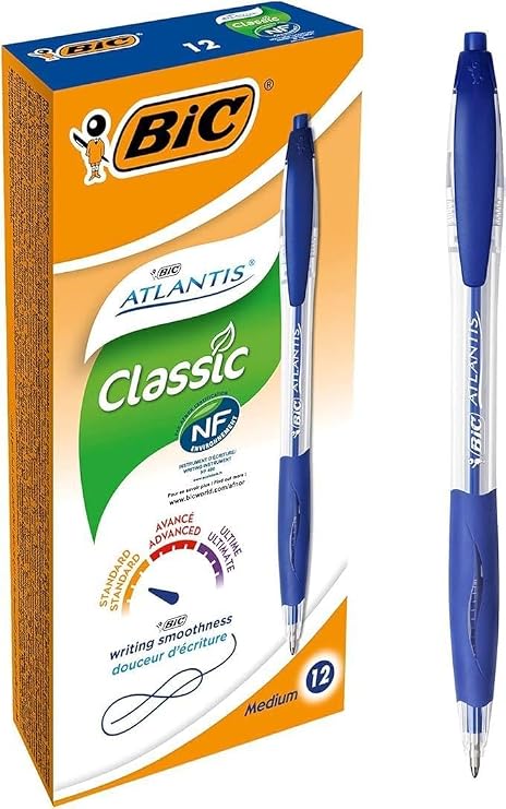 BIC Atlantis Classic tükenmez kalem seti, mavi, çizgi kalınlığı 0,4 mm, doldurulabilir, 12'li paket, ofis, ev ofis veya okul için ideal