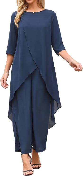 Seta T Women's 2 Piece Chiffon Sets Dressy Pantsuits High Low Top Pants Set