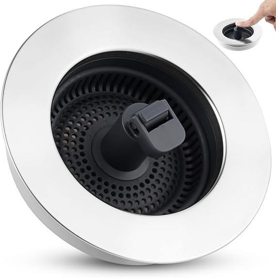 Hygie Rinse 3-in-1 Kitchen Sink Strainer Stopper Universal Pop Up Sink Drainer with Upgrade Folded Handle, for US Standard 3-1/2 inch Drain Filter, Chrome Stainless-wraped Shell, Anti-clog