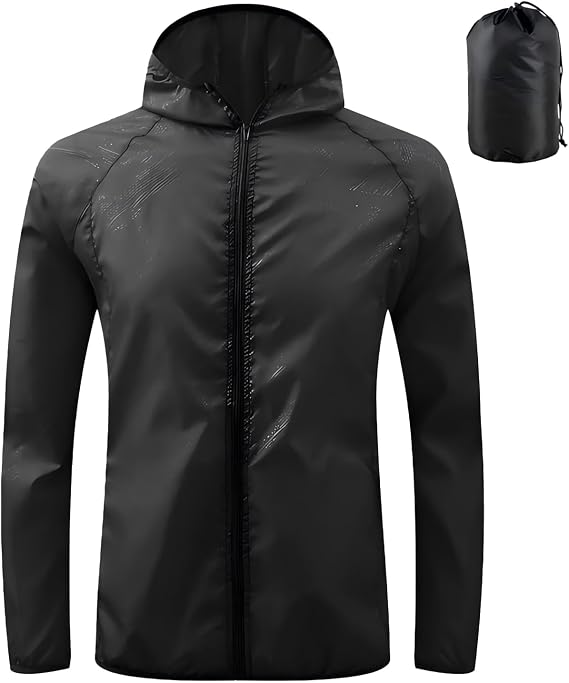 Men's Packable Lightweight Waterproof Jacket No Pocket Hooded Raincoat in a Bag Sun Protection Windproof Rain Jacket