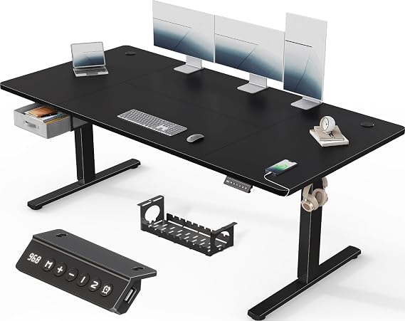Devoko 180x80cm Electric Standing Desk with Drawer&Hooks Height Adjustable Standing Desk with Memory Smart Panel Upgraded Stable Steel Frame with Wider Desktop for Home Office,Black