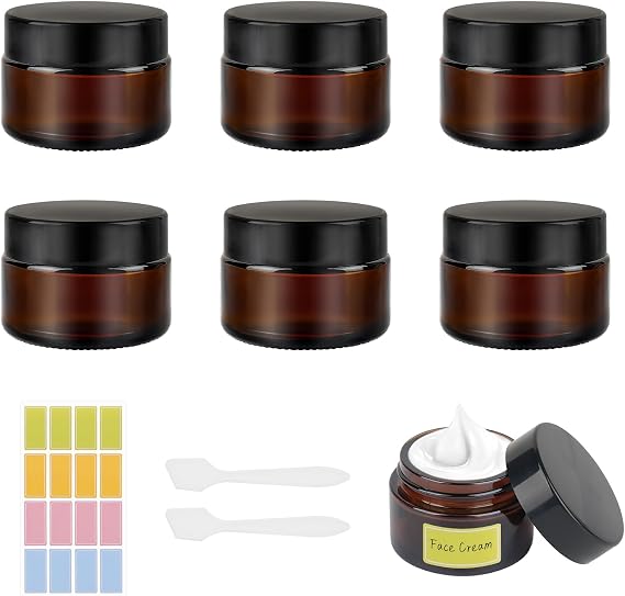 30ml Amber Glass Jars, Empty Cosmetic Pots with Lids,6 Pack