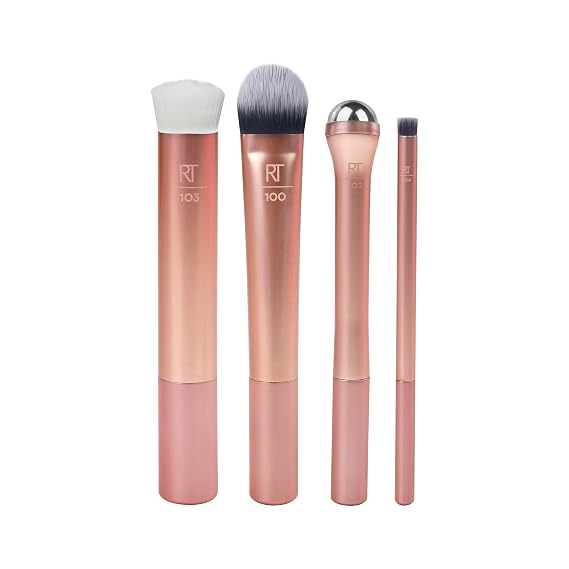 Real Techniques Prep and Prime Makeup Brush Set, Ideal for Exfoliating & Applying Primers, Moisturizers, Serums, Skincare Tools, Synthetic Bristles, Cruelty-Free & Vegan, 4 Piece Set