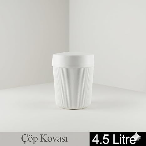 4.5 Litre Çöp Kovası | Modern Kapaklı Banyo ve Ofis Çöp Kutusu | Küçük Boy Dekoratif Tezgah Üstü Atık Kovası | Mat Çizgili Tasarım (Beyaz)