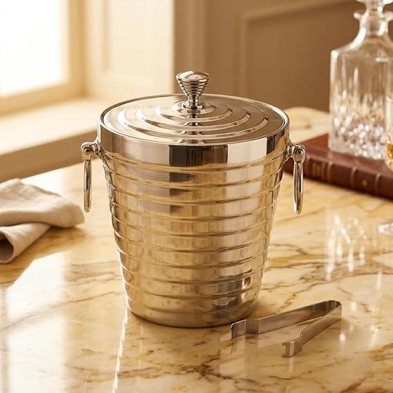 Paslanmaz Çelik Buz Kovası, Gümüş, Maşa Dahil, Kapaklı, Halkalı Saplı, Bar Aksesuarı 2 litre