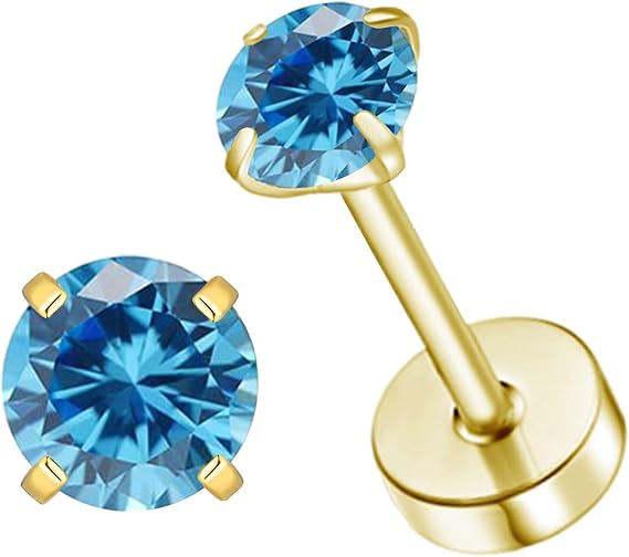 Natural Birthstone Stud Earrings for Women Teen Girls, Screw Back Tiny 3mm CZ Stud Flat Back Studs, Cartilage/Tragus/Second Hole Earrings