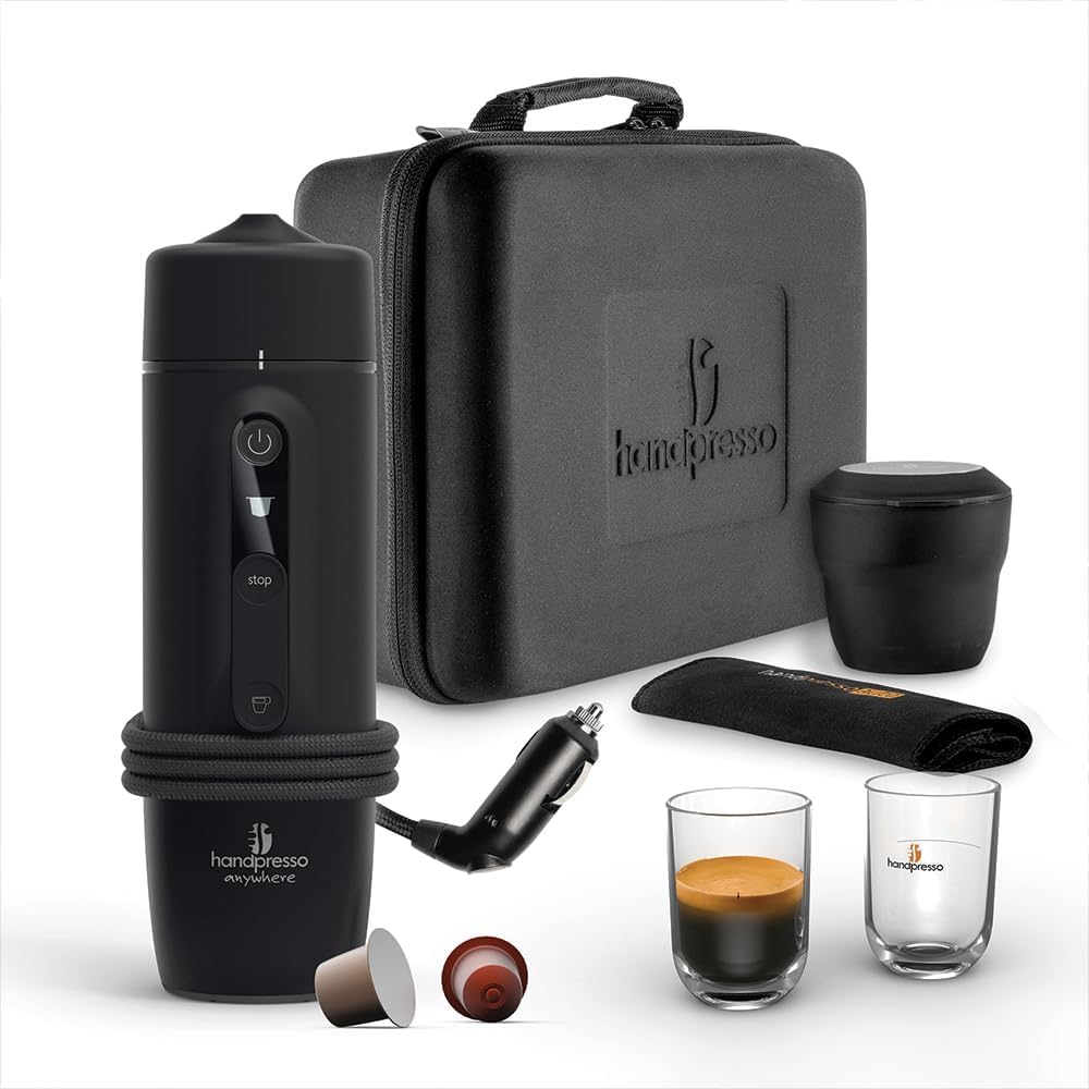 Handpresso Auto Capsule Set | Espresso Machine 12 V24 V Car or Truck for Espresso Capsules Compatible in Complete Box | 12 V24 V Coffee Maker, Suitcase, 2 Cups, 1 Bin, 1 Towel