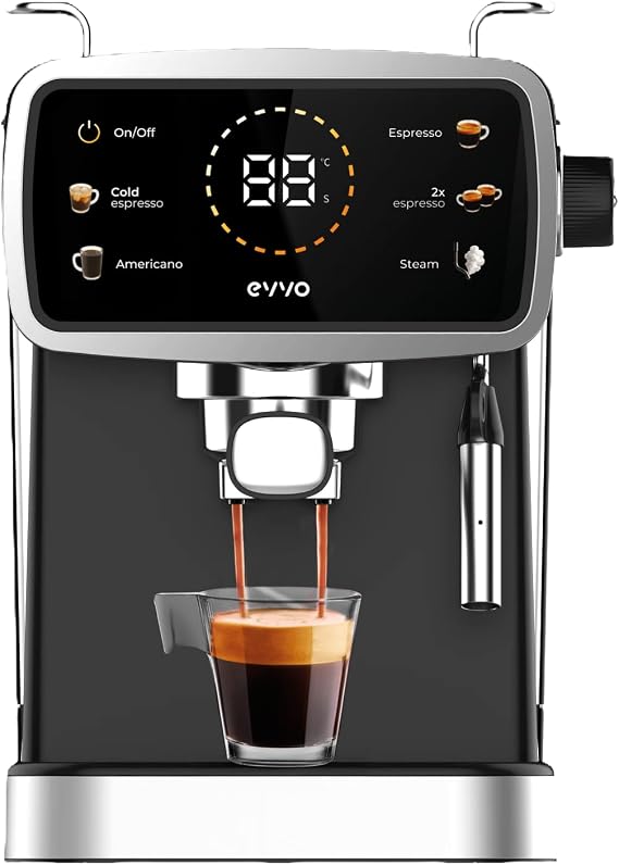 EVVO Intense Espresso Machine 30S – Automatic Coffee Machine Pump 20 Bars, 1350W, Stainless Steel, Touch Panel, Tank 1.5L, Double Arm, Metallic Vaporizer, Thermoblock, Cold Espresso,