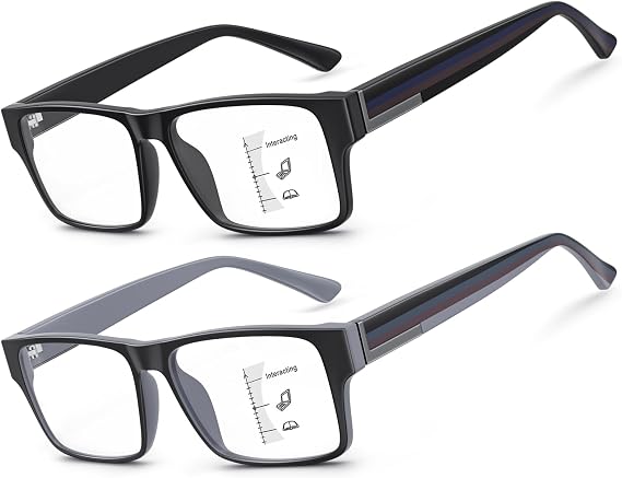 Missfive 2 Pack Unbreakable Varifocal Reading Glasses Men TR90 Progressive Multifocus Reading Glasses, Thick Frame Blue Light Blocking Glasses No-Line Multifocal Eyeglasses