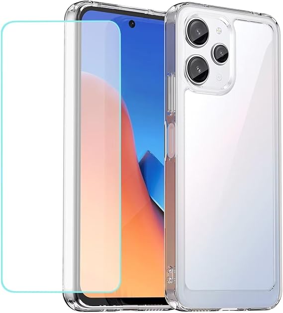 Case for Redmi 12/Redmi Note 12R/Poco M6 Pro/Redmi 12R Case with Tempered Glass Screen Protector, Clear Hard PC Back &Soft TPU Bumper Protective Phone Cover for Xiaomi Redmi 12 Crystal Clear