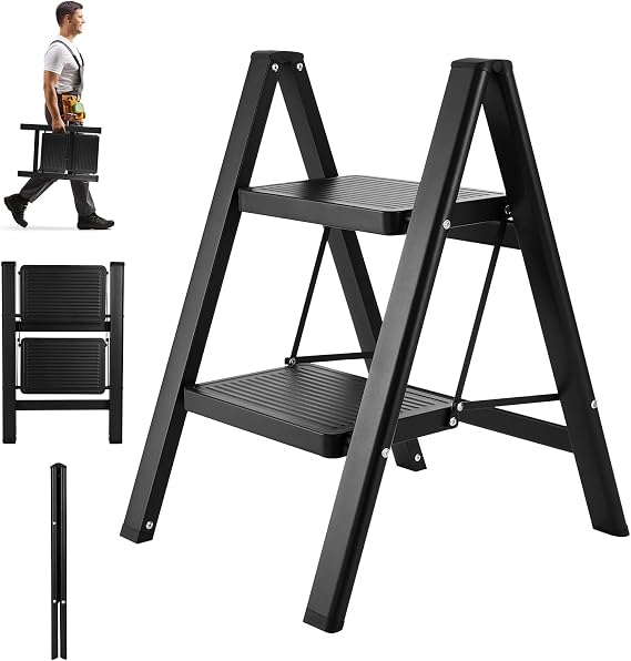 Step Ladder 2 Steps Foldable Non-Slip Ladder Portable Folding Step Small Ladder with Widened Pedal Folding Ladder Maximum Load 150 kg Household Ladder for Household and Kitchen Black