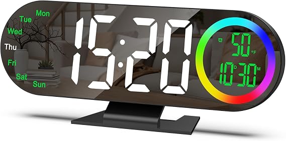 Mirror Digital Alarm Clock, 8.5in Bedside Alarm Clocks with 16 RGB Light Modes, 4-in-1 (Time, Date, Temperature, Week), Dual Alarm & Snooze, Dimmable, digital Led clock for Bedroom