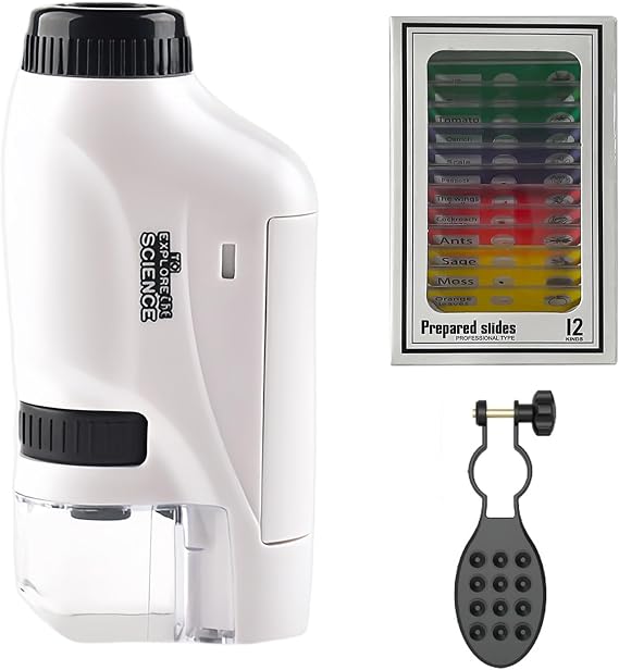 Pocket Microscope Mobile Phone Microscope 60X-120X Mini Microscope with LED Light Handheld Microscope with Stand and Slide for Enlightening Education Home Laboratory