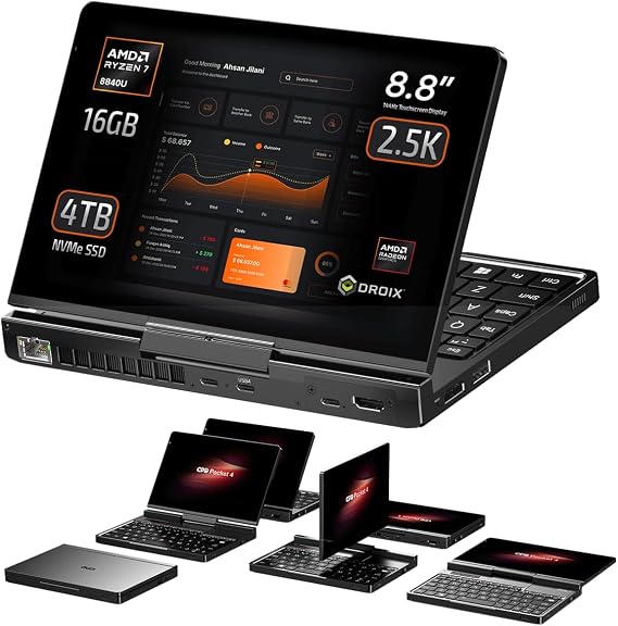 GPD Pocket 4: Mini Laptop with AMD Ryzen 7 8840U CPU, Radeon 780M GPU, 16GB LPDDR5X RAM, 4TB PCIe Gen4 SSD, 8.8 Inch 2.5K 144Hz Display, Wi-Fi 6E, Bluetooth 5.3, Modular AI Handheld PC