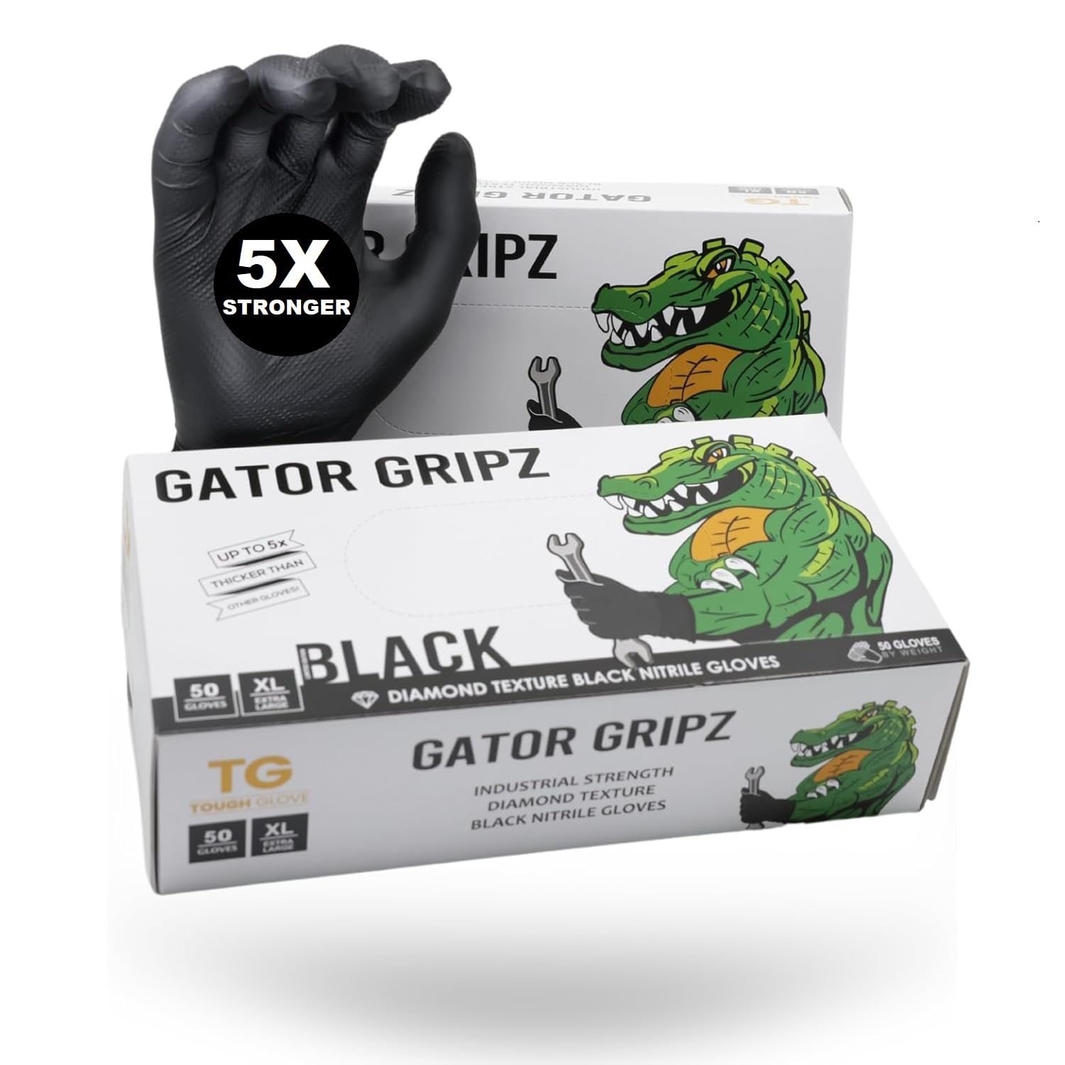 TG TOUGH GLOVE Gator Gripz Nitrile Gloves Pack Of 50 | Diamond Texture Black Disposable | Powder & Latex Free | Strong Heavy-Duty | L