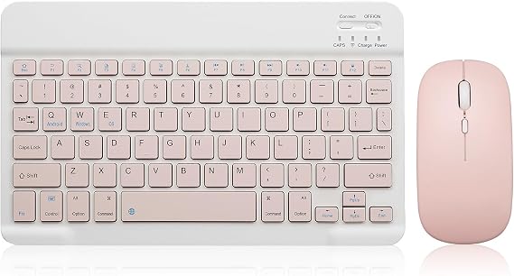 Bluetooth Klavye ve Fare Combo Şarj Edilebilir Taşınabilir Kablosuz Klavye Fare Seti Apple iPad iPhone iOS 13 ve üzeri Samsung Tablet Telefon Akıllı Telefon Android Windows için (10 inç Pembe)