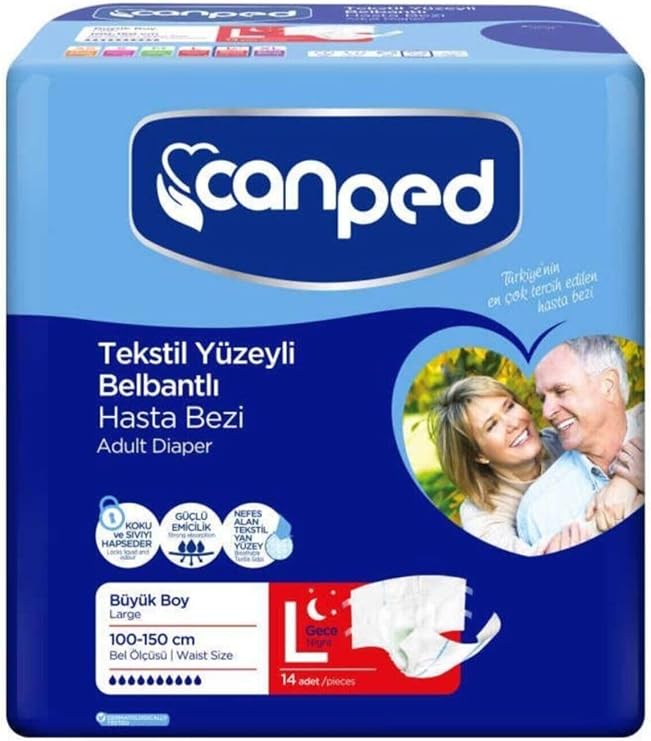 Canped Bel Bantlı Tekstil Yüzeyli Yetişkin Hasta Alt Bezi Gece Büyük Boy (L) | 14 Adet