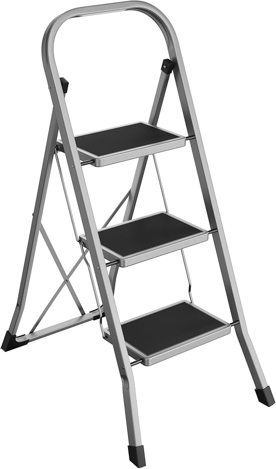 Songmics Merdiven, 3 Basamaklı Merdiven, Katlanır, Kolay Saklanabilir, 150 Kg'a Kadar Taşıma Kapasitesi, Güvercin Grisi, Gsl003Gy01